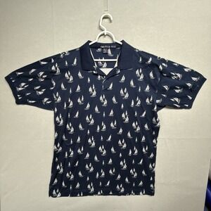 Nautica Mens Polo Shirt Navy With Sailboat‎ Print 2XL Cotton Short Sleeve Collar
